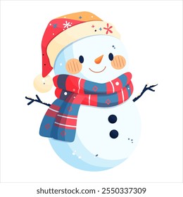 A snowman in a red hat and a blue scarf decorated with snowflakes.