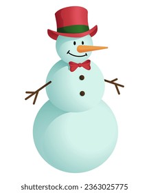 Snowman with red hat and bowtie isolated on white background. For Greeting cards, sale decorating and Christmas events. Vector illustration