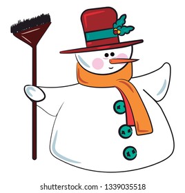 A snowman with red hat & brown long brush in its hand vector color drawing or illustration 