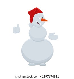 Snowman in a red hat. Cheerful snowman, vector.