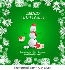 Snowman in a red hat with gifts and a scarf on a green background and snowflakes. Festive greeting card for Christmas and New Year.