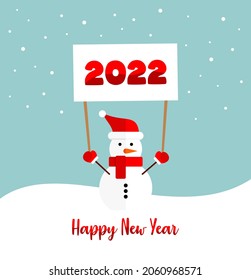 Snowman in a red hat, gloves and scarf holds a plate with the number 2022 on a blue and white background with falling snow. Happy New Year 2022 greeting card. Flat vector illustration