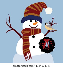 A snowman in a red hat, red gloves and a red scarf.Happy snowman with Christmas decorations.Isolated on a blue