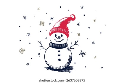 Snowman in a red hat hand drawn	