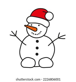 Snowman with a red hat is isolated on white background. Cute illustration. Christmas objects for festive designs, print, paper, decors, stickers, banners, invitations, cards. Adjustable stroke width.