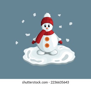 Schneemann in einem roten Hut, Fäustlinge und Schal. Vektorgrafik