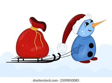 Boneco de neve com chapéu vermelho puxando trenó através da neve com saco de presentes para o Ano Novo e Natal. Ilustração vetor plana de saco de presente, trenó, boneco de neve.