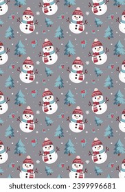 Snowman with a red hat and scarf. Christmas seamless pattern with snowman on grey background. Christmas wrapping paper, pattern seamless, winter greetings, web page background. Winter pattern