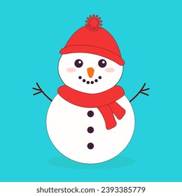 Snowman with red hat and scarf. Cute Cartoon kawaii simple funny baby character. Nose carrot. Merry Christmas. Greeting card, sticker print template. Blue background. Isolated. Flat design. Vector