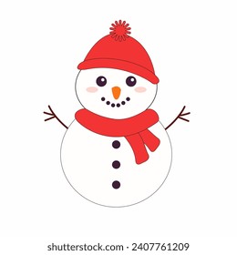 Hombre de nieve con sombrero rojo y bufanda. Cute Cartoon kawaii simple y gracioso personaje de bebé. Feliz Navidad. zanahoria de la nariz. Tarjeta de saludo, plantilla de impresión de pegatinas. Aislado. Fondo blanco. Diseño plano. Vector