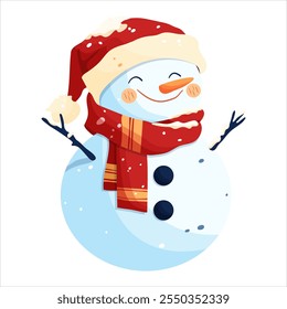 A snowman in a red hat and a red scarf decorated with snowflakes. Isolated on a white background