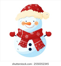 A snowman in a red hat and a red scarf decorated with snowflakes. Isolated on a white background