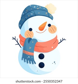 A snowman in a red hat and a red scarf decorated with snowflakes. Isolated on a white background