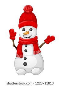 Snowman with red hat, scarf and glove isolated on white