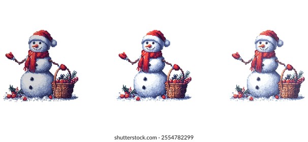 Snowman with a red hat and scarf holds a basket of berries and greenery standing on snow with scattered berries around.