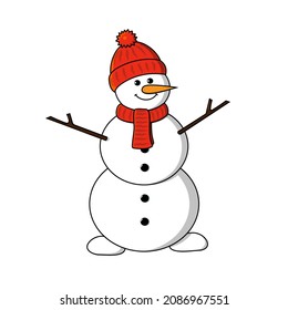 Snowman in a red hat and scarf isolated on white background. Vector Illustration.
