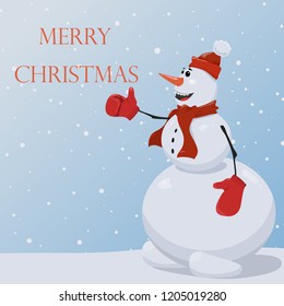 Snowman in a red hat, scarf and red mittens. Christmas background with a snowman. Vector. Snowman and snow.