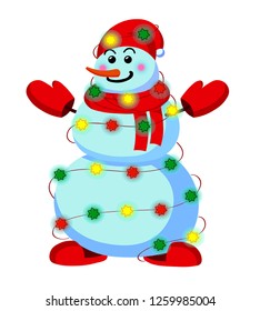 Snowman in red hat, scarf and mittens, with christmas garland