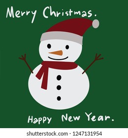 Snowman with red hat and scarf on green on background. text: Merry Christmas, Happy new year