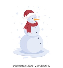 A snowman in a red hat and scarf outside during snowfall. Vector illustration in flat style