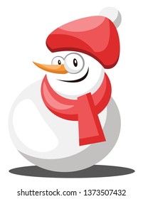 Snowman with red hat and scarf vector illustration on a white background