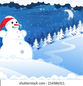 Snowman with red hat in the snowy woods. Winter Night Scene