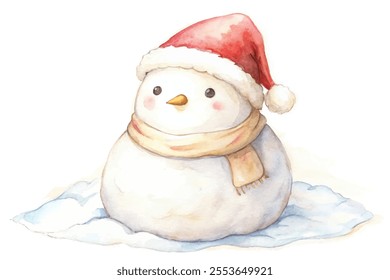 A snowman with a red hat and a white scarf sits on a white blanket. The snowman is wearing a red hat and a white scarf, and it looks like it's ready for a winter holiday