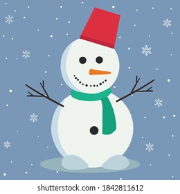 snowman with red pail blue background. flat vector illustration 