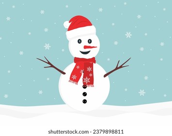 Snowman with red santa claus cap and red knitted scarf on winter snow background. Happy snowman with christmas hat, New year concept. Flat illustration of snowman christmas character. Vector