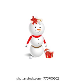 Snowman with a red Santa Claus hat and gift on a white background. A cartoon character for Christmas and New Year.