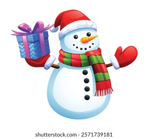 Snowman with red Santa hat, gift box, gloves, and scarf in winter holiday theme. Vector cartoon illustration