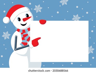 Snowman in red santa hat point their finger at empty blank A4. Winter vector illustration