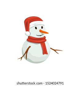 Snowman in red santa hat. Precious frosty, gracious , shy, friendly, squint, Smiling Vector illustration