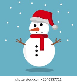 Snowman in red santa hat with snow falling on a blue background. Vector Christmas illustration.