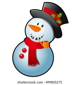 Snowman in a red scarf and black cylinder hat isolated on white background. Sketch for greeting card, festive poster or party invitations.The attributes of Christmas and New year. Vector illustration.