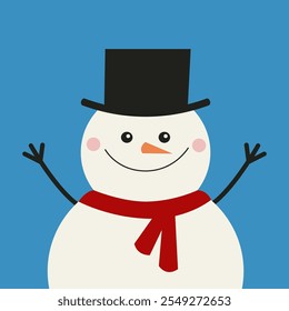 Snowman with red scarf, black hat. Cute Cartoon kawaii simple funny baby character. Nose carrot. Merry Christmas. Greeting card, sticker print template. Flat design. Blue background. Vector