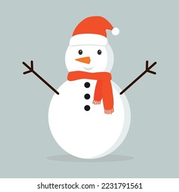 Snowman with red scarf and Christmas hat isolated on gray background. Flat design. Vector illustration eps 10