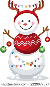 Snowman with red scarf and deer horns illustration