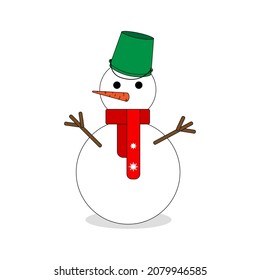 Snowman with red scarf and green bucket. Vector Christmas isolated icon