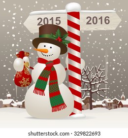 Snowman in a red scarf and hat with a wooden sign showing the way to 2016 against the winter landscape. New-Year's greeting card. Vector illustration