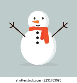 Snowman with red scarf isolated on gray background. Flat design. Vector illustration eps 10.