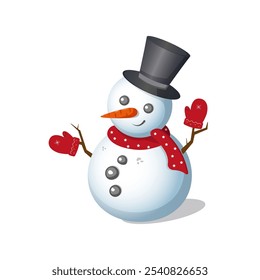 Snowman with red scarf and mittens without background. Snowman. Snowman in a hat. Snowman isolated. Winter. Snow. Cold. Holiday. Celebration. Icon. Vector. Images. 