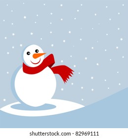 Snowman with red scarf over starry background