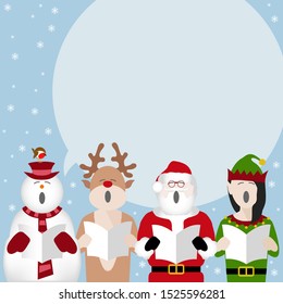 a snowman, reindeer, father christmas and elf singing Christmas carols with room for text