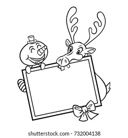 Snowman and reindeer holding a whiteboard coloring book cartoon vector