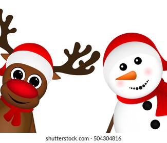 Snowman and Reindeer peeking sideways on a white background