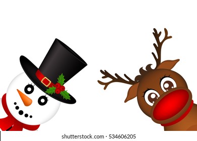 Snowman and Reindeer peeking sideways on a white background.