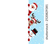 Snowman Reindeer And Santa Claus On Top Of Each Other Banner Outside Right Snow Blue Dark Red