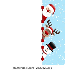 Snowman Reindeer And Santa Claus On Top Of Each Other Banner Outside Right Snow Blue Dark Red