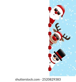 Snowman Reindeer And Santa Claus Sunglasses On Top Of Each Other Banner Outside Right  Snow Blue Dark Red